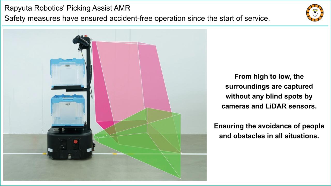 Rapyuta Robotics' Picking Assist AMR Safety measures have ensured accident-free operation since the start of sevice. 