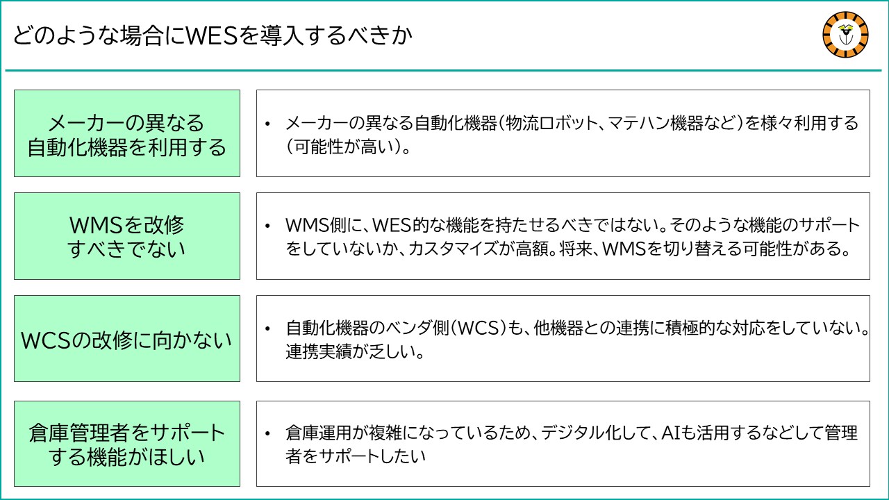 複数メーカーの自動化機器を連携させて利用したり、WMSやWCSを改修して連携に対応することがふさわしくない場合は、WESを導入すべきであるという説明