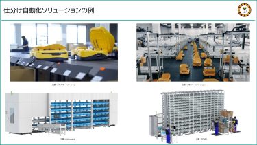 自動化ソリューションの例として平面型仕分けロボットt-Sortや立体型仕分けロボット　オムニソーター、Nano-Sorterを例示